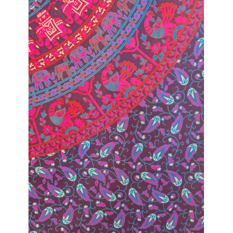 Tenture murale indienne mandala éléphants et paons en coton noir, rose fuchsia et bleu turquoise - 140 x 200 cm