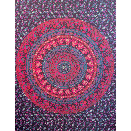 Tenture murale indienne mandala éléphants et paons en coton noir, rose fuchsia et bleu turquoise - 140 x 200 cm