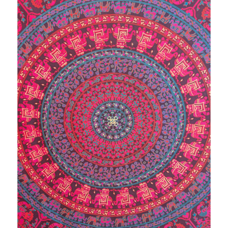 Tenture murale indienne mandala éléphants et paons en coton noir, rose fuchsia et bleu turquoise - 140 x 200 cm