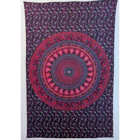 Tenture murale indienne mandala éléphants et paons en coton noir, rose fuchsia et bleu turquoise - 140 x 200 cm