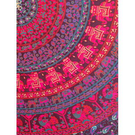 Tenture murale indienne mandala éléphants et paons en coton noir, rose fuchsia et bleu turquoise - 140 x 200 cm