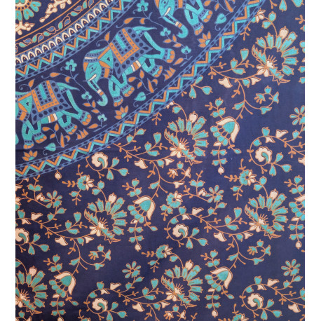 Tenture murale indienne mandala éléphants en coton bleu marine, bleu turquoise et beige - 140 x 200 cm
