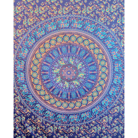 Tenture murale indienne mandala éléphants en coton bleu marine, bleu turquoise et beige - 140 x 200 cm