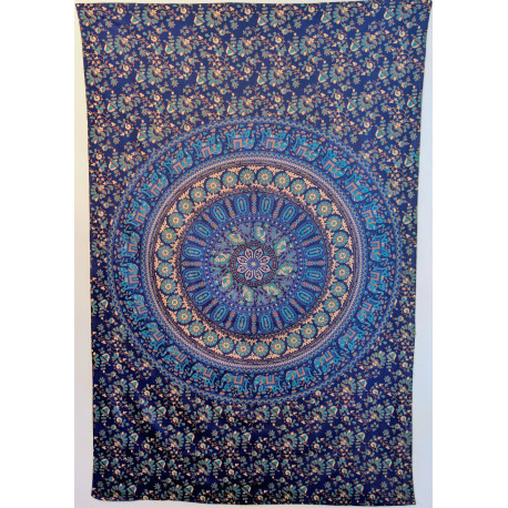 Tenture murale indienne mandala éléphants en coton bleu marine, bleu turquoise et beige - 140 x 200 cm