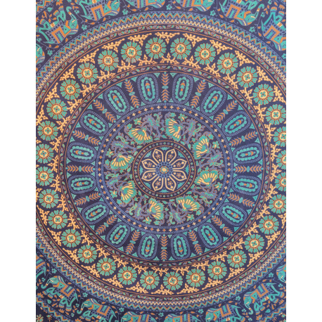 Tenture murale indienne mandala éléphants en coton bleu marine, bleu turquoise et beige - 140 x 200 cm