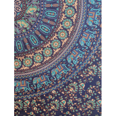 Tenture murale indienne mandala éléphants en coton bleu marine, bleu turquoise et beige - 140 x 200 cm