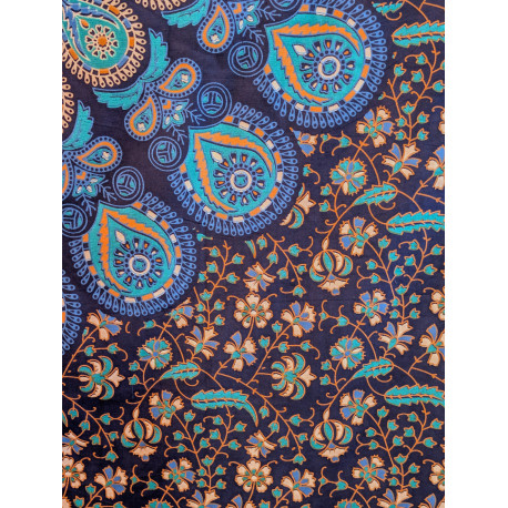 Tenture murale indienne mandala cachemire en coton bleu marine, bleu turquoise et beige - 140 x 200 cm