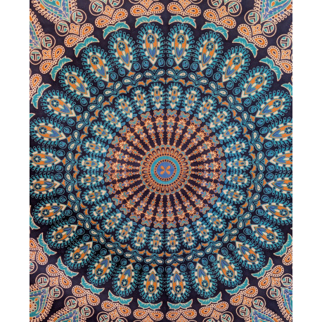 Tenture murale indienne mandala cachemire en coton bleu marine, bleu turquoise et beige - 140 x 200 cm