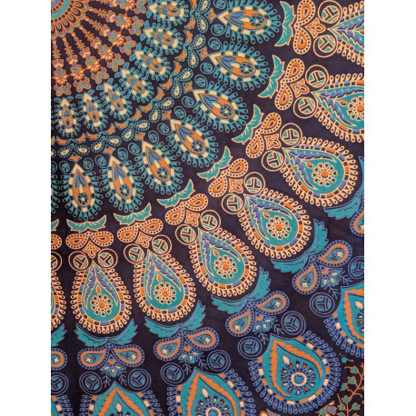 Tenture murale indienne mandala cachemire en coton bleu marine, bleu turquoise et beige - 140 x 200 cm