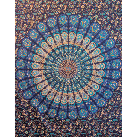 Tenture murale indienne mandala cachemire en coton bleu marine, bleu turquoise et beige - 140 x 200 cm