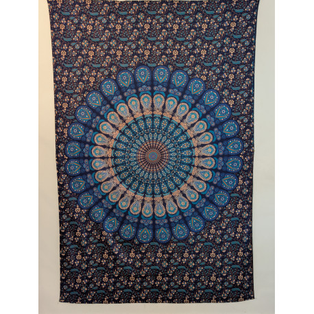 Tenture murale indienne mandala cachemire en coton bleu marine, bleu turquoise et beige - 140 x 200 cm