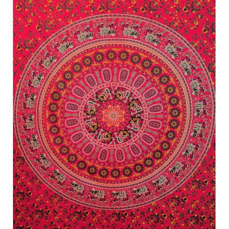 Tenture murale indienne mandala éléphants en coton rouge fuchsia, vert et jaune - 140 x 200 cm