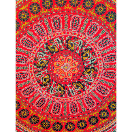 Tenture murale indienne mandala éléphants en coton rouge fuchsia, vert et jaune - 140 x 200 cm