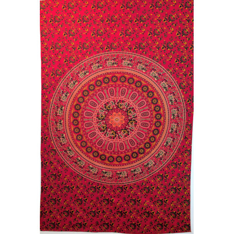 Tenture murale indienne mandala éléphants en coton rouge fuchsia, vert et jaune - 140 x 200 cm
