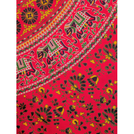 Tenture murale indienne mandala éléphants en coton rouge fuchsia, vert et jaune - 140 x 200 cm