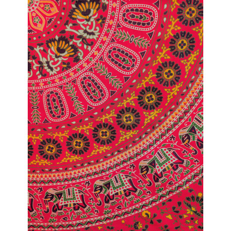Tenture murale indienne mandala éléphants en coton rouge fuchsia, vert et jaune - 140 x 200 cm