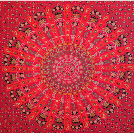 Tenture murale indienne mandala éléphants et danseuses en coton rose fuchsia, orange et vert - 140 x 200 cm