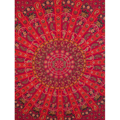 Tenture murale indienne mandala éléphants et danseuses en coton rose fuchsia, orange et vert - 140 x 200 cm