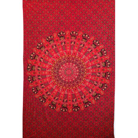 Tenture murale indienne mandala éléphants et danseuses en coton rose fuchsia, orange et vert - 140 x 200 cm