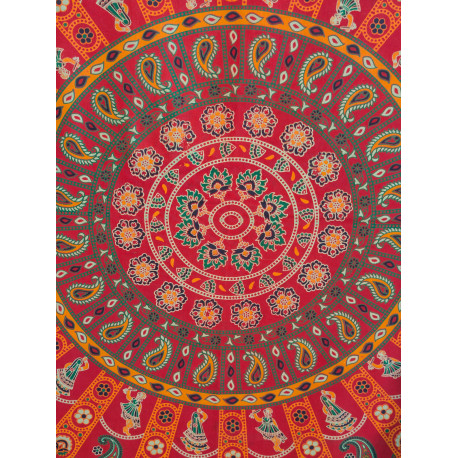 Tenture murale indienne mandala éléphants et danseuses en coton rose fuchsia, orange et vert - 140 x 200 cm