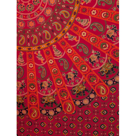 Tenture murale indienne mandala éléphants et danseuses en coton rose fuchsia, orange et vert - 140 x 200 cm