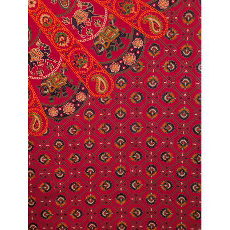 Tenture murale indienne mandala éléphants et danseuses en coton rose fuchsia, orange et vert - 140 x 200 cm
