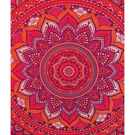 Tenture murale indienne mandala lotus en coton rose fuchsia, orange et violet - 140 x 200 cm