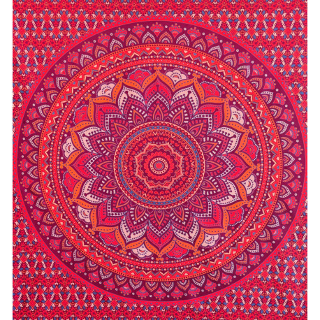 Tenture murale indienne mandala lotus en coton rose fuchsia, orange et violet - 140 x 200 cm