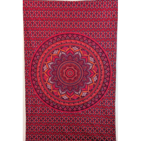 Tenture murale indienne mandala lotus en coton rose fuchsia, orange et violet - 140 x 200 cm