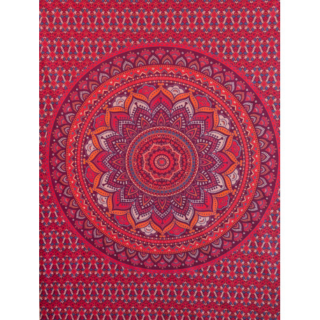 Tenture murale indienne mandala lotus en coton rose fuchsia, orange et violet - 140 x 200 cm