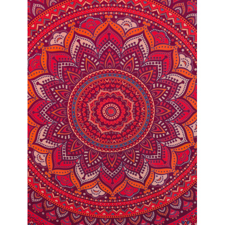 Tenture murale indienne mandala lotus en coton rose fuchsia, orange et violet - 140 x 200 cm