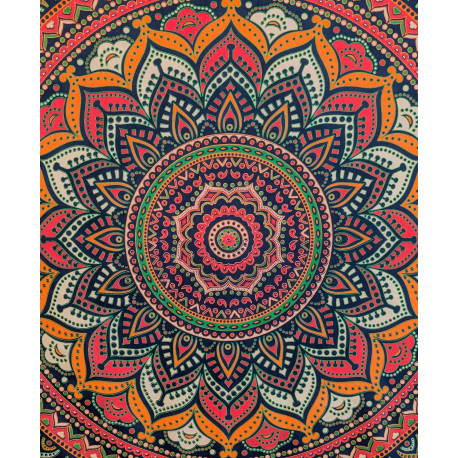 Tenture murale indienne mandala lotus en coton bleu marine, rose fuchsia, vert et orange - 140 x 200 cm
