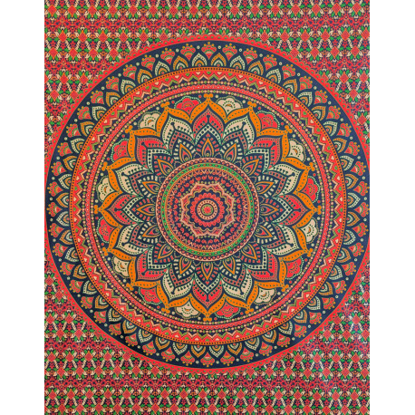 Tenture murale indienne mandala lotus en coton bleu marine, rose fuchsia, vert et orange - 140 x 200 cm