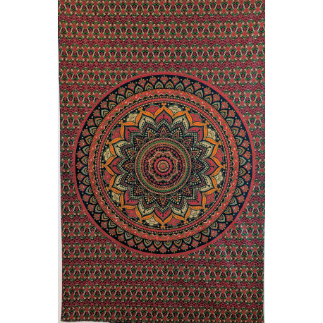 Tenture murale indienne mandala lotus en coton bleu marine, rose fuchsia, vert et orange - 140 x 200 cm