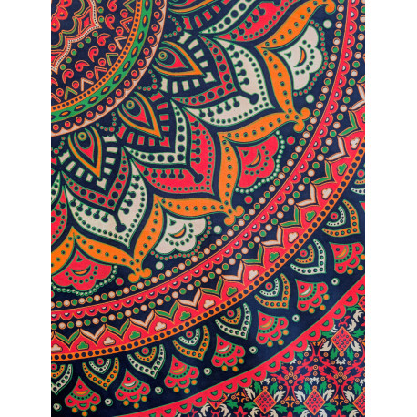 Tenture murale indienne mandala lotus en coton bleu marine, rose fuchsia, vert et orange - 140 x 200 cm
