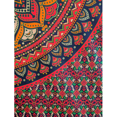 Tenture murale indienne mandala lotus en coton bleu marine, rose fuchsia, vert et orange - 140 x 200 cm