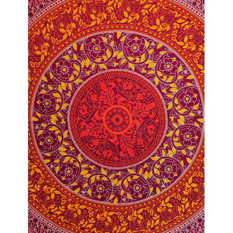 Tenture murale indienne mandala floral cachemire en coton orange, violet prune et jaune - 200 x 240 cm