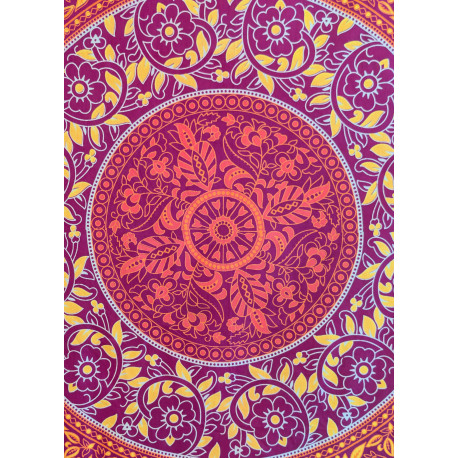 Tenture murale indienne mandala floral cachemire en coton orange, violet prune et jaune - 200 x 240 cm