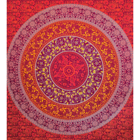 Tenture murale indienne mandala floral cachemire en coton orange, violet prune et jaune - 200 x 240 cm