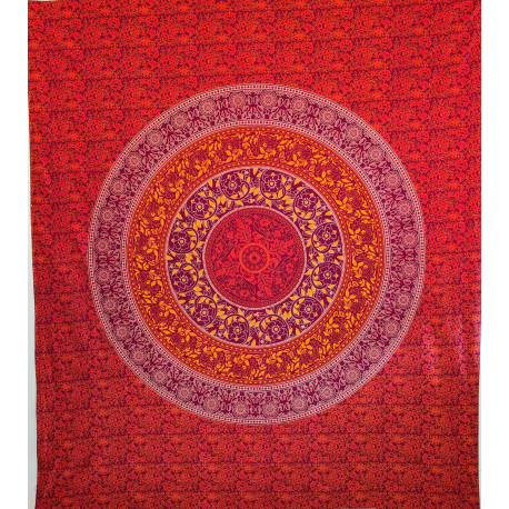Tenture murale indienne mandala floral cachemire en coton orange, violet prune et jaune - 200 x 240 cm
