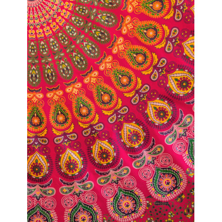 Tenture murale indienne mandala cachemire en coton rouge fuchsia, vert olive et jaune - 200 x 240 cm