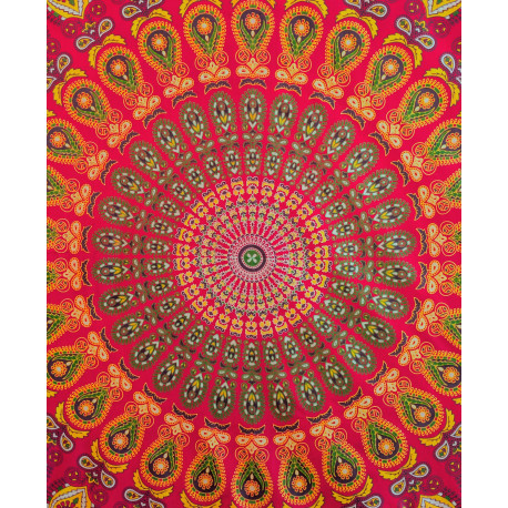 Tenture murale indienne mandala cachemire en coton rouge fuchsia, vert olive et jaune - 200 x 240 cm