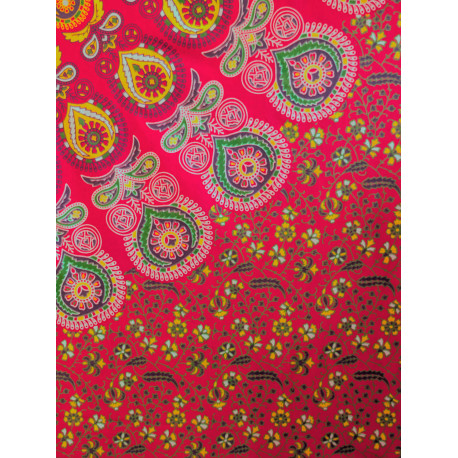 Tenture murale indienne mandala cachemire en coton rouge fuchsia, vert olive et jaune - 200 x 240 cm