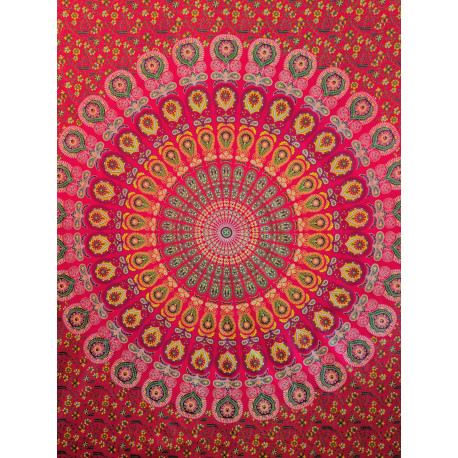Tenture murale indienne mandala cachemire en coton rouge fuchsia, vert olive et jaune - 200 x 240 cm