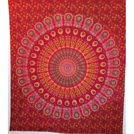 Tenture murale indienne mandala cachemire en coton rouge fuchsia, vert olive et jaune - 200 x 240 cm