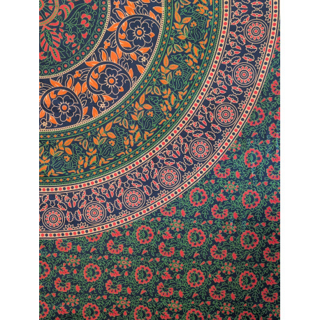 Tenture murale indienne mandala floral cachemire en coton bleu marine, vert et corail - 200 x 240 cm