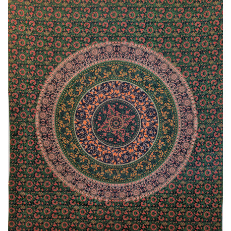 Tenture murale indienne mandala floral cachemire en coton bleu marine, vert et corail - 200 x 240 cm