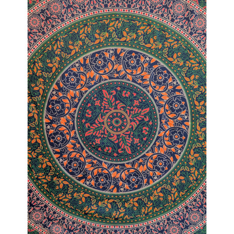 Tenture murale indienne mandala floral cachemire en coton bleu marine, vert et corail - 200 x 240 cm