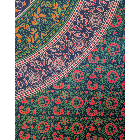 Tenture murale indienne mandala floral cachemire en coton bleu marine, vert et corail - 200 x 240 cm