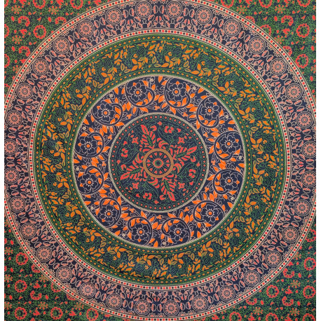 Tenture murale indienne mandala floral cachemire en coton bleu marine, vert et corail - 200 x 240 cm